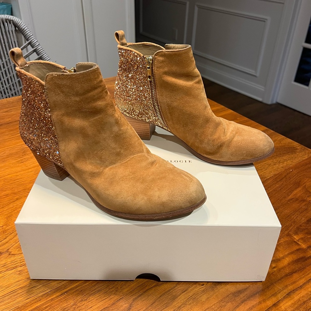 Anthropologie Glitter Heel Tan Ankle Boots